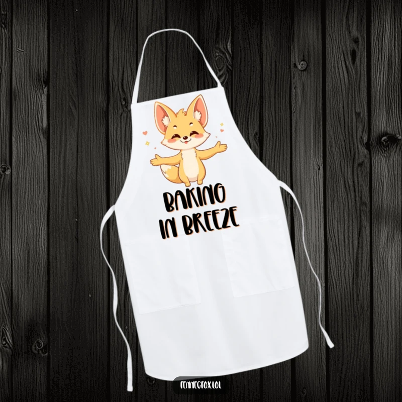 Funny fennec fox apron, character with arms wide, embracing a gentle breeze, large ears prominent, ideal for happy cooking.
