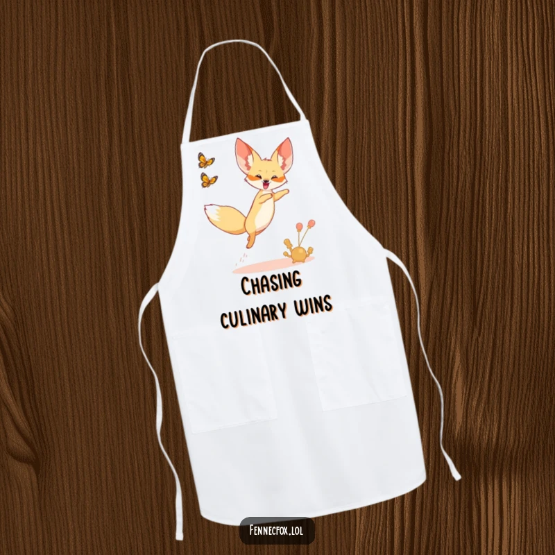 Funny apron featuring a fennec fox leaping joyfully into the air, chasing a desert butterfly.
