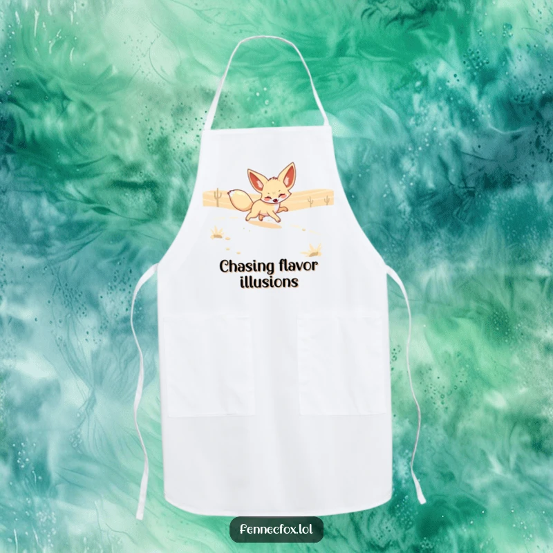Funny Fennec Fox Apron showing a playful fox with big ears chasing a shimmering desert mirage. Practical and humorous for cooks.