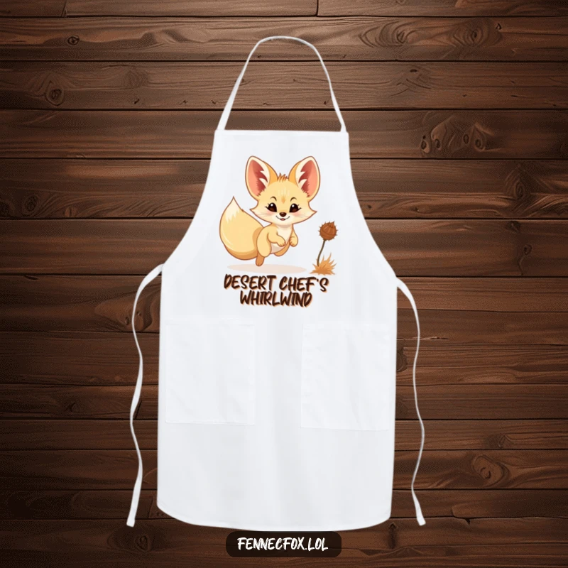 Funny Fennec Fox Apron: A cute fennec fox with a gentle smile playfully chases a tumbled tumbleweed, adding humor to kitchen tasks.