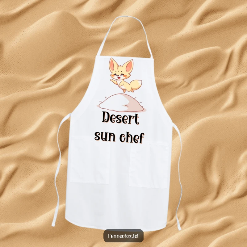 Funny Apron: Cute fennec fox character joyfully leaping over a small sand dune, durable and stylish, perfect for kitchen fun, funny gift.