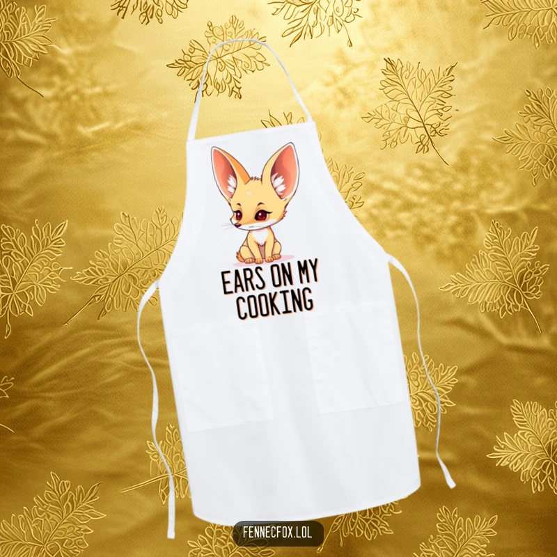 Funny apron with a fennec fox sporting large ears, listening intently, ideal for kitchen use.