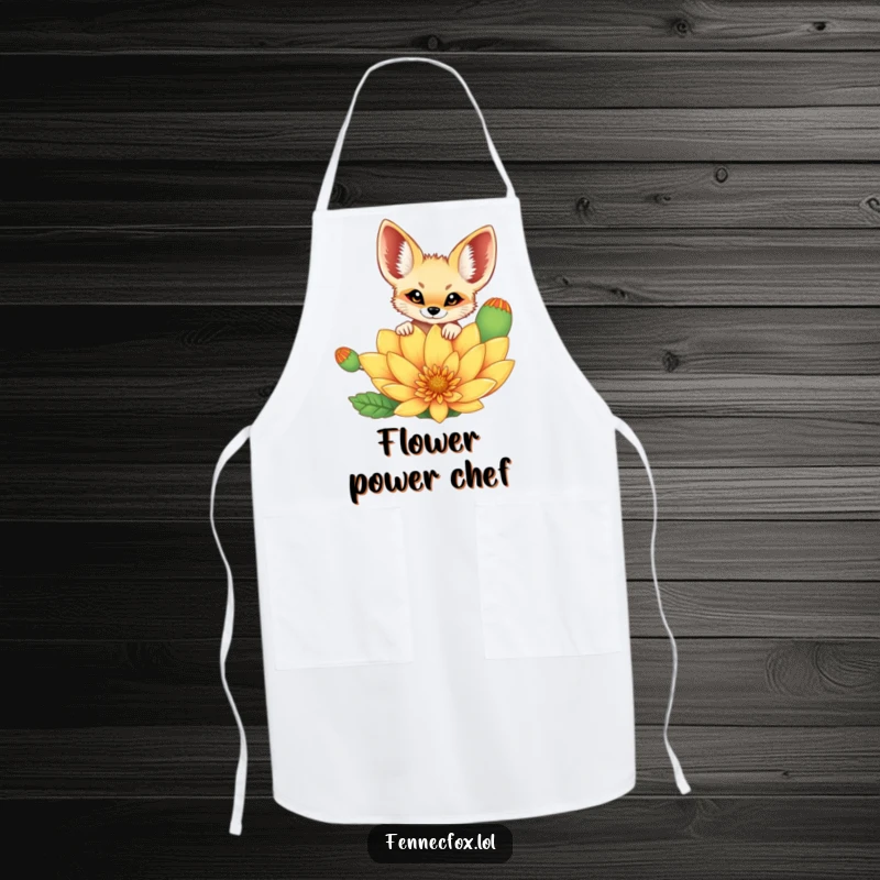 Funny cheerful fennec fox peeking curiously over a vibrant, oversized desert flower on a functional kitchen apron. A funny and practical item.