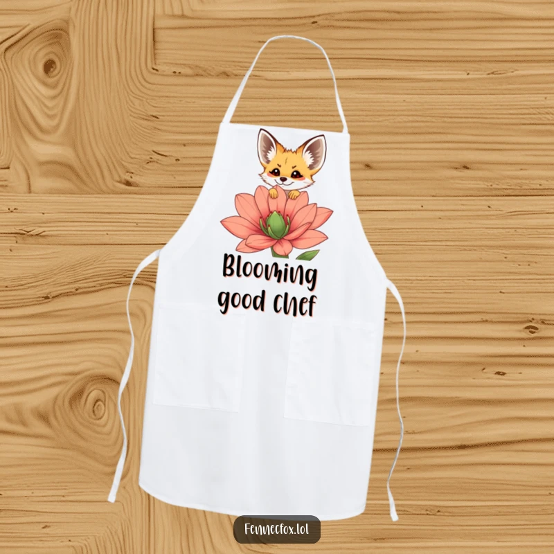Funny fennec fox apron showing a chef character peeking over a large desert flower, perfect for adding humor to kitchen activities.
