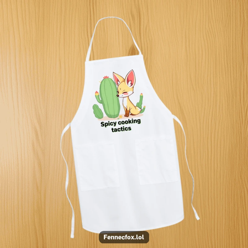 Funny curious fennec fox sniffing a large, whimsical cactus with a happy expression on a functional kitchen apron. A funny and practical item.