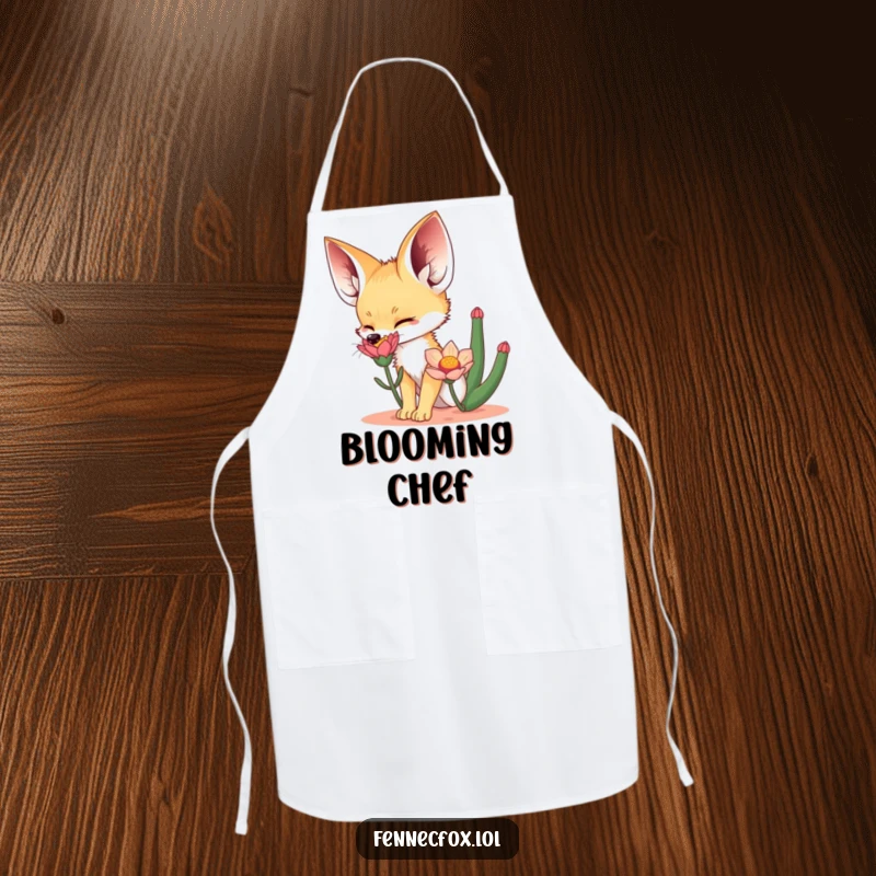 Funny Apron showing a fennec fox excitedly sniffing a desert flower, perfect for kitchen use with a touch of desert-themed humor.