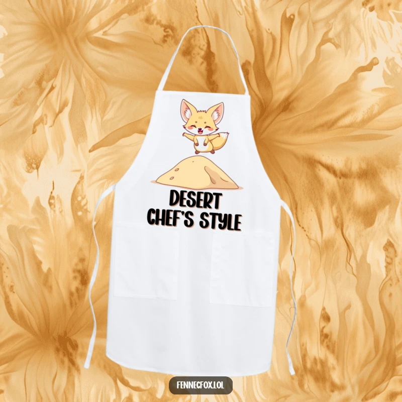 Funny apron showing a fennec fox leaping over a sand dune, ideal for kitchen use and desert enthusiasts.