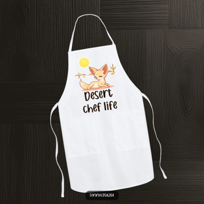 Funny apron depicting a fennec fox stretching luxuriously under a bright desert sun. Perfect for kitchen fun.