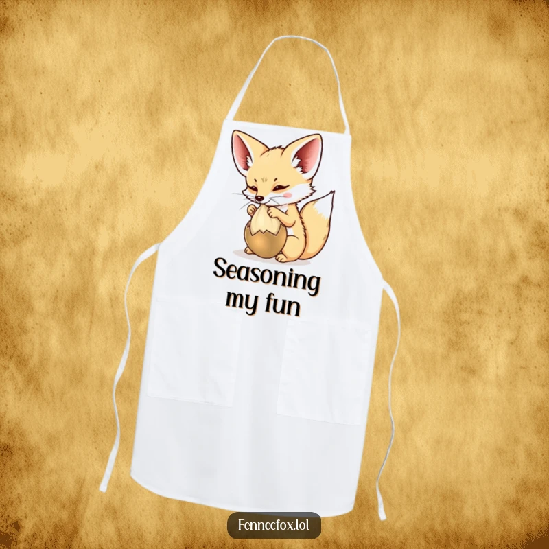 Funny Apron showing a fennec fox playfully batting at a desert seed pod, perfect for kitchen use with a touch of whimsical humor.