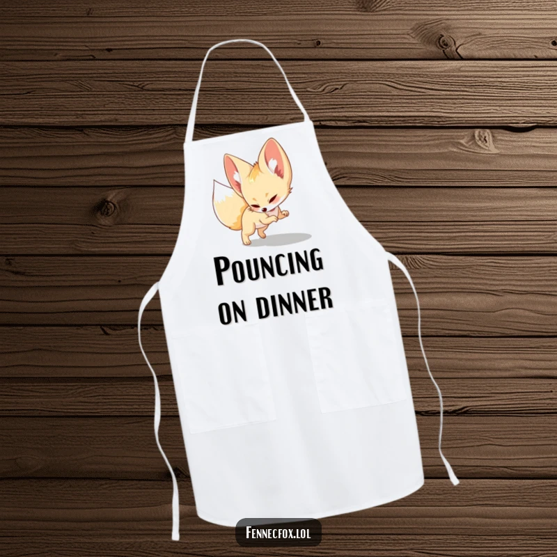 Funny Apron, a fennec fox playfully pouncing on its shadow, great for kitchen activities or crafting.