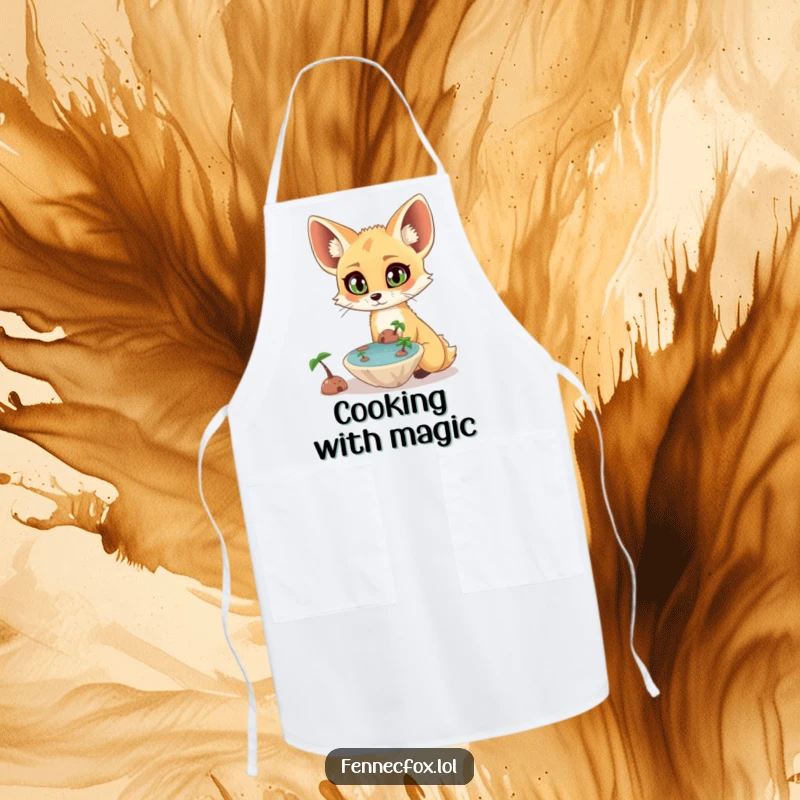 Funny surprised fennec fox with wide eyes observing a tiny, floating oasis on a functional kitchen apron. A funny and magical item.