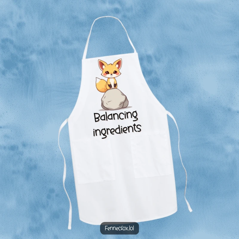 Funny fennec fox apron, character balancing a small, smooth rock on its head, large ears attentive, ideal for precise cooking.