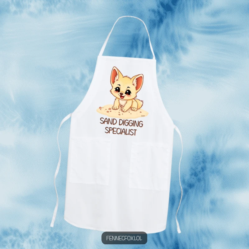 Funny fennec fox cub digging with infectious excitement in sand, on a durable apron, for a hilarious cooking experience.