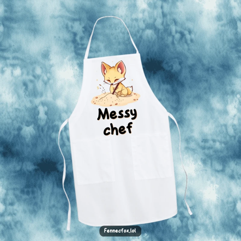 Funny Fennec Fox Apron: A fennec fox humorously digs in sand while cooking, adding a funny, energetic twist to kitchen prep.