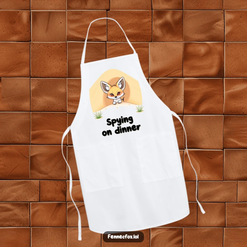 Funny fennec fox apron featuring a cartoon desert fox peeking shyly from behind a large sand dune, perfect for kitchen fun.