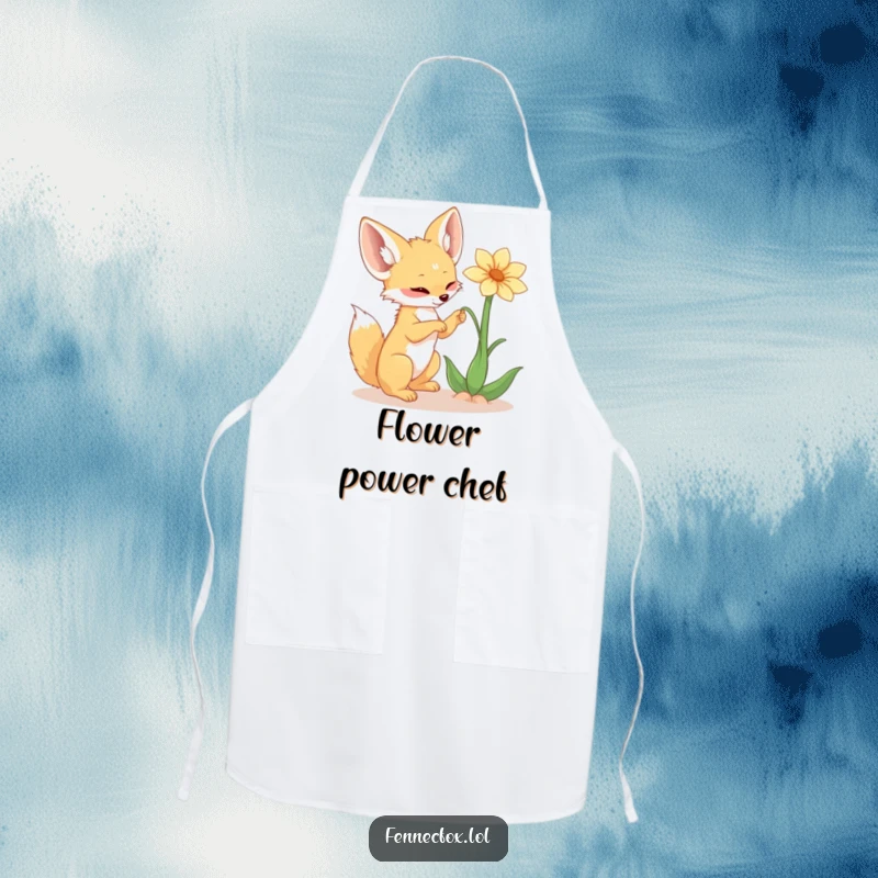 Funny fennec fox apron, large ears, playfully batting at a floating desert flower while cooking, adding humor to the kitchen.