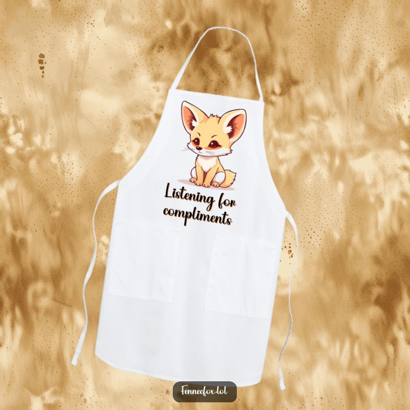 Funny fennec fox with perked ears listening intently, on an apron, for a humorous and practical kitchen accessory.