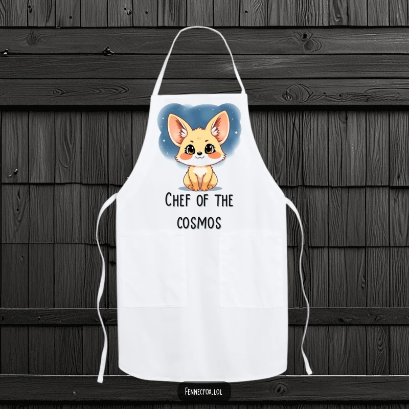 Funny Fennec Fox Apron: A practical and humorous apron showing a fennec fox admiring a vast, star-filled night sky, great for cooks and bakers.