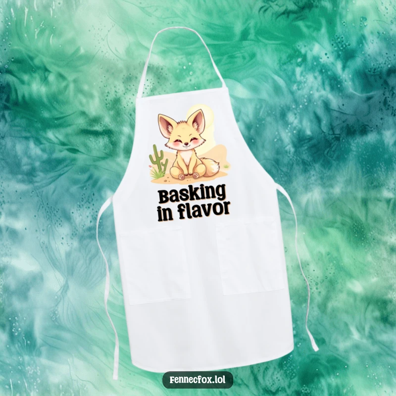Funny Fennec fox apron showing a character basking happily in a sunbeam, adding humor and warmth to kitchen activities.