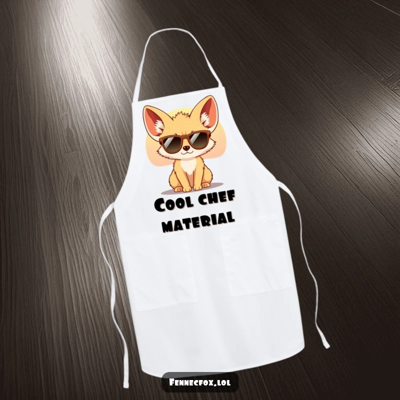 Funny Fennec Fox Apron showing a cool fox with big ears wearing tiny sunglasses, looking at a desert sunset. Practical and stylish.