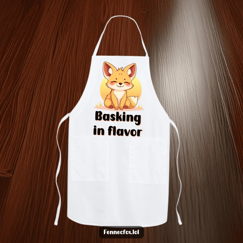 Funny Fennec Fox Sunset Apron: A happy, relaxed fox basking in the warm glow of a setting sun, perfect for kitchen fun.