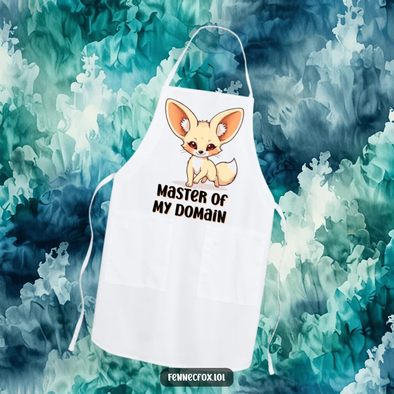 Funny fennec fox apron featuring a cartoon desert fox playfully chasing its tail, perfect for adding humor to cooking.