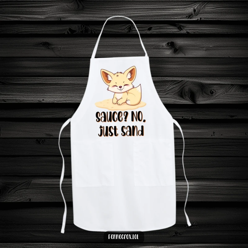 Funny Fennec Fox apron with a mischievous fox rolling in soft sand, perfect for kitchen humor.