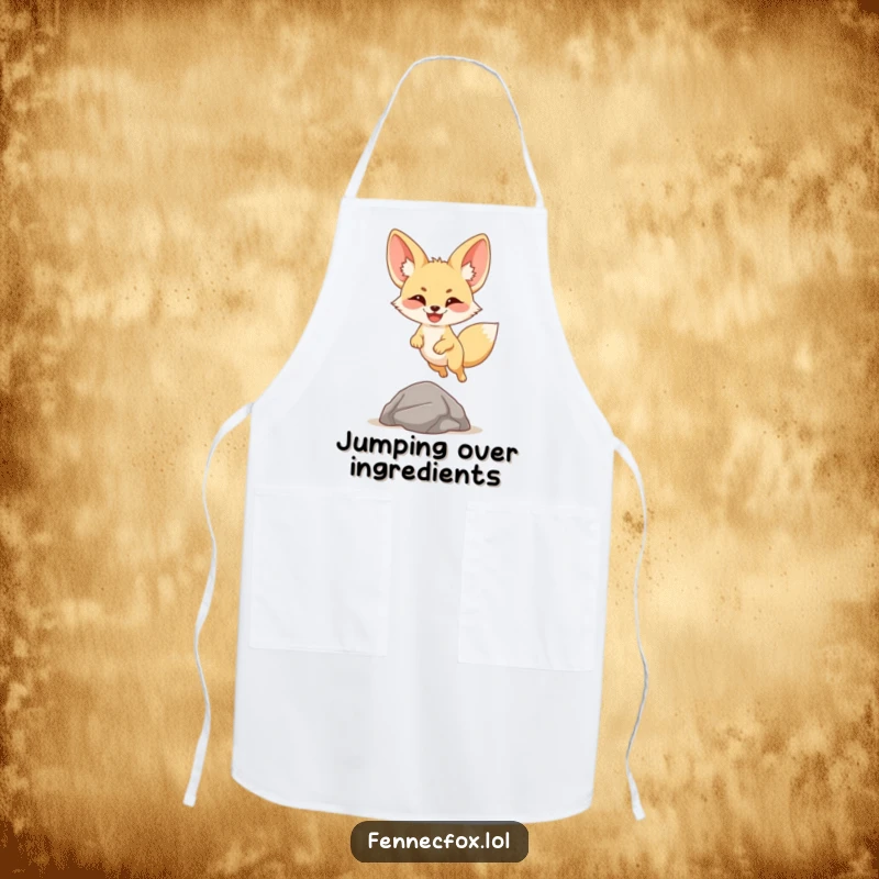 Funny fennec fox apron showing a cartoon desert fox with a big smile leaping over a small rock, perfect for kitchen fun.