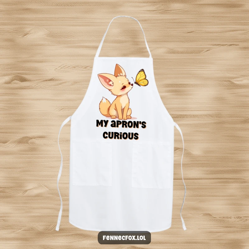 Funny Fennec Fox Apron featuring a cute desert fox curiously watching a butterfly, perfect for nature-loving cooks.