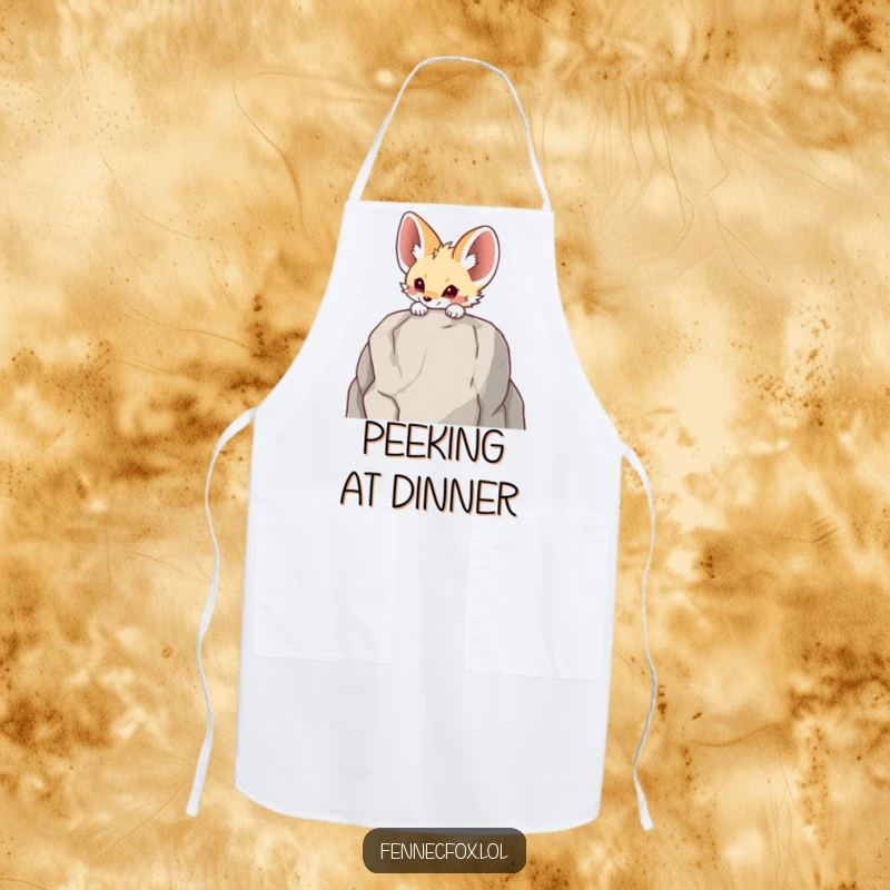 Funny Fennec fox apron showing a character peeking curiously over a tall rock, ideal for adding humor to cooking and baking.