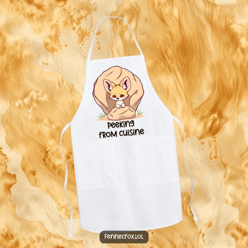 Funny Fennec Fox Apron with a fennec fox peeking from behind a desert rock, adding a touch of playful humor to kitchen activities.