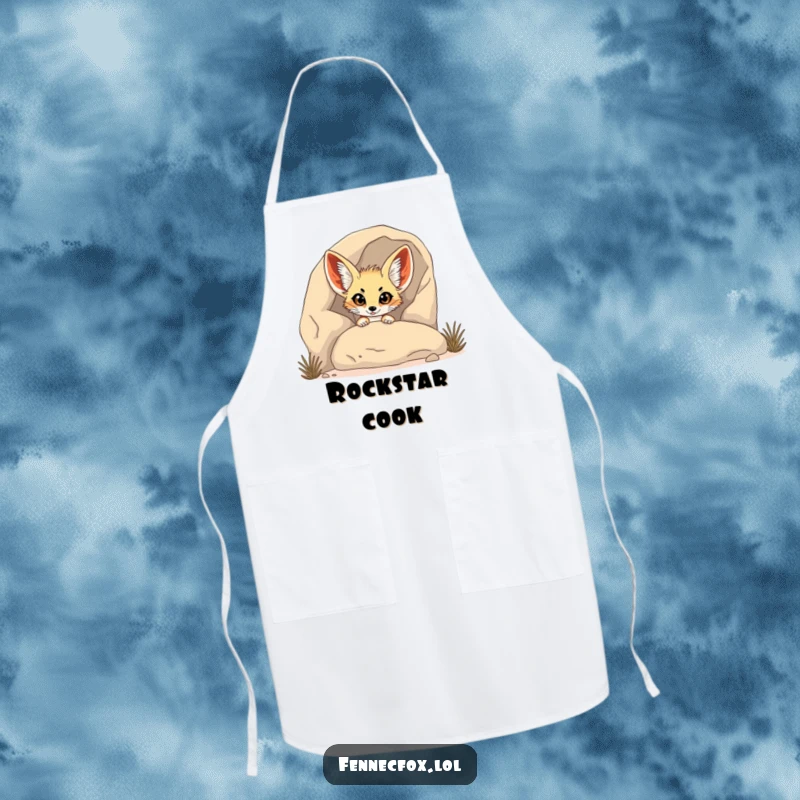 Funny Fennec Fox Apron: A fennec fox humorously peeks from behind a rock while cooking, adding a funny, shy twist to duties.