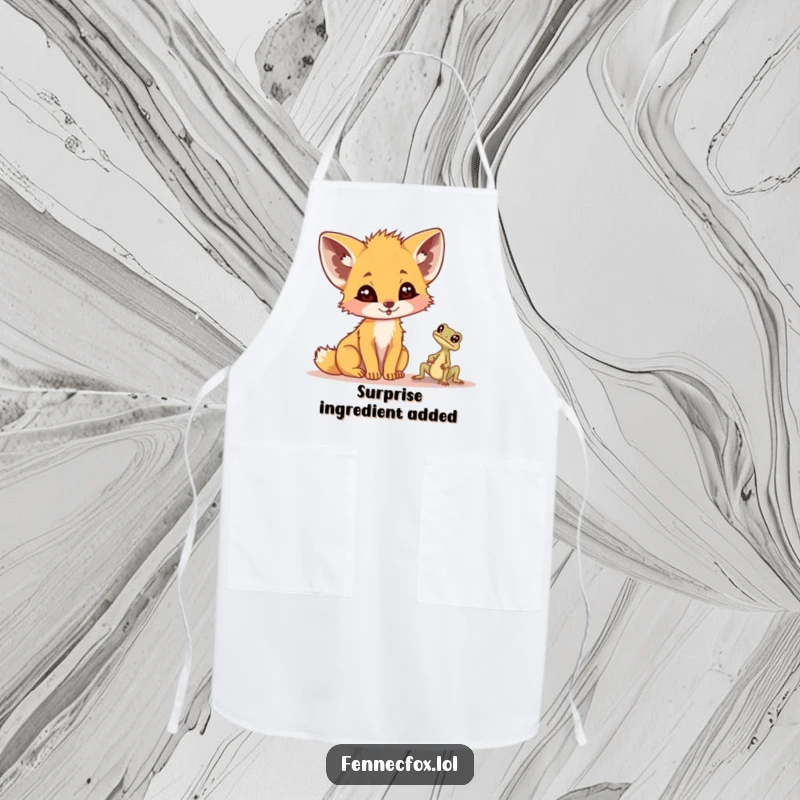 Funny fennec fox apron, with a look of mock surprise at a tiny desert lizard, adding humor to any kitchen task.