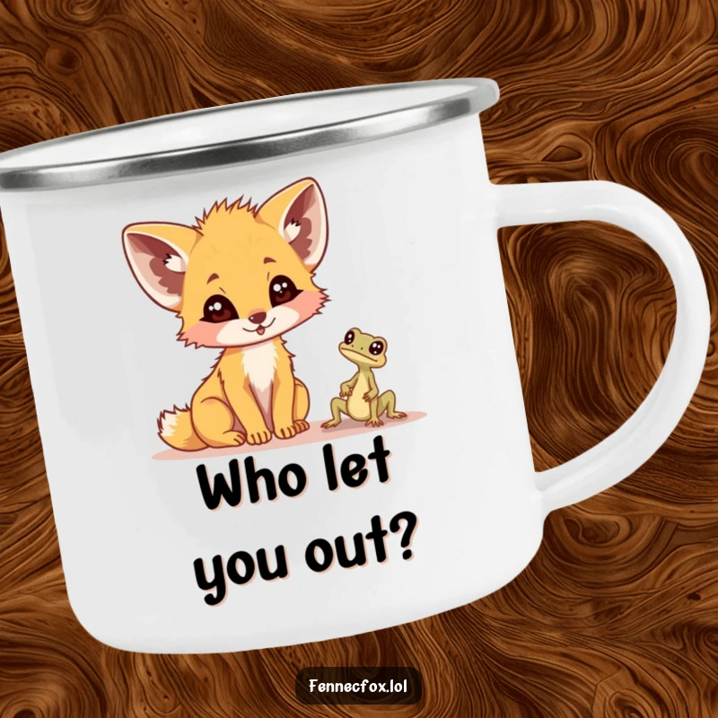 Funny fennec fox camping mug, outdoor ready, looking comically surprised by a tiny desert lizard, adding humor to camp life.