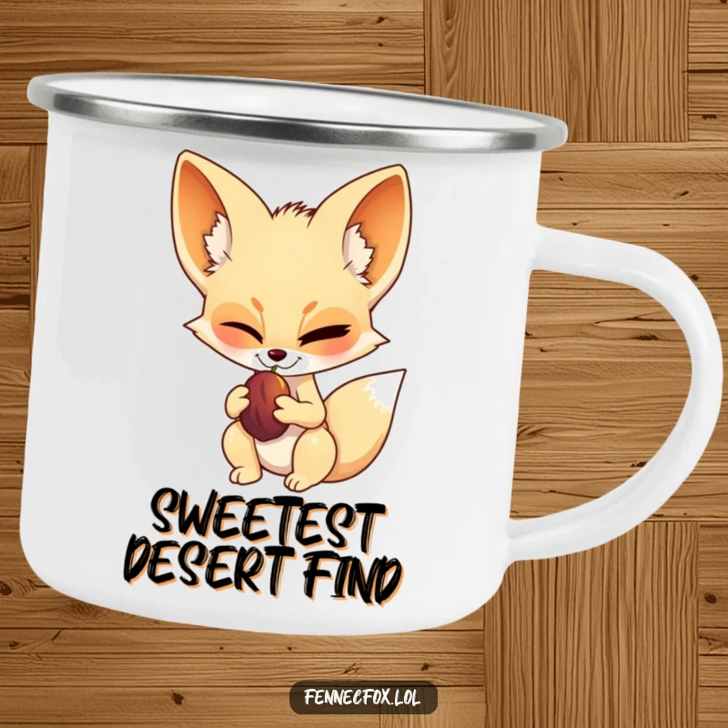 Funny fennec fox camping mug, outdoorsy vibe, winking playfully while holding a date fruit, ready for adventure with cool confidence.