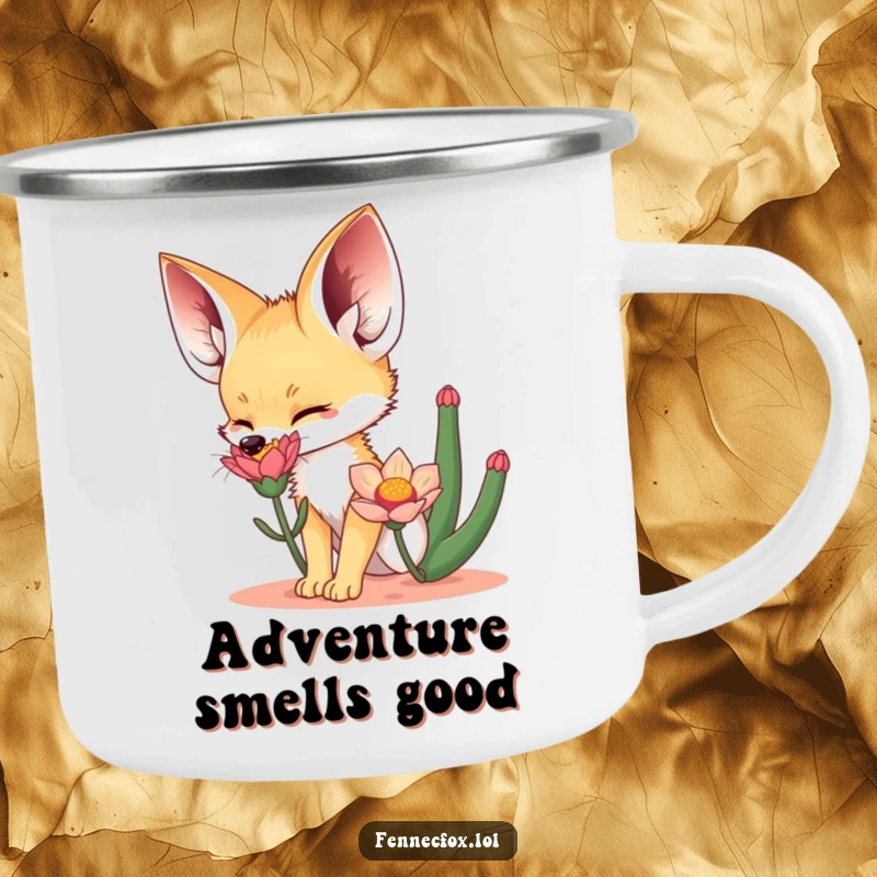 Funny Camping Mug featuring a fennec fox sniffing a desert flower, perfect for outdoor enjoyment with a whimsical desert theme.