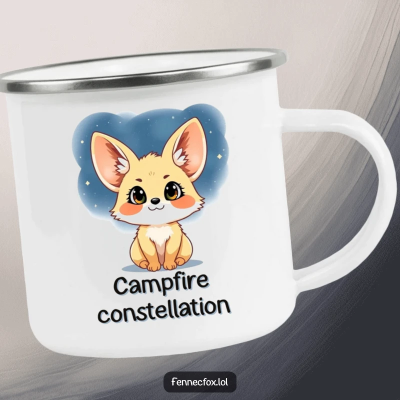 Funny Fennec Fox Camp Mug: A sturdy enamel mug featuring a fennec fox admiring a beautiful starry night sky, perfect for outdoor enthusiasts.