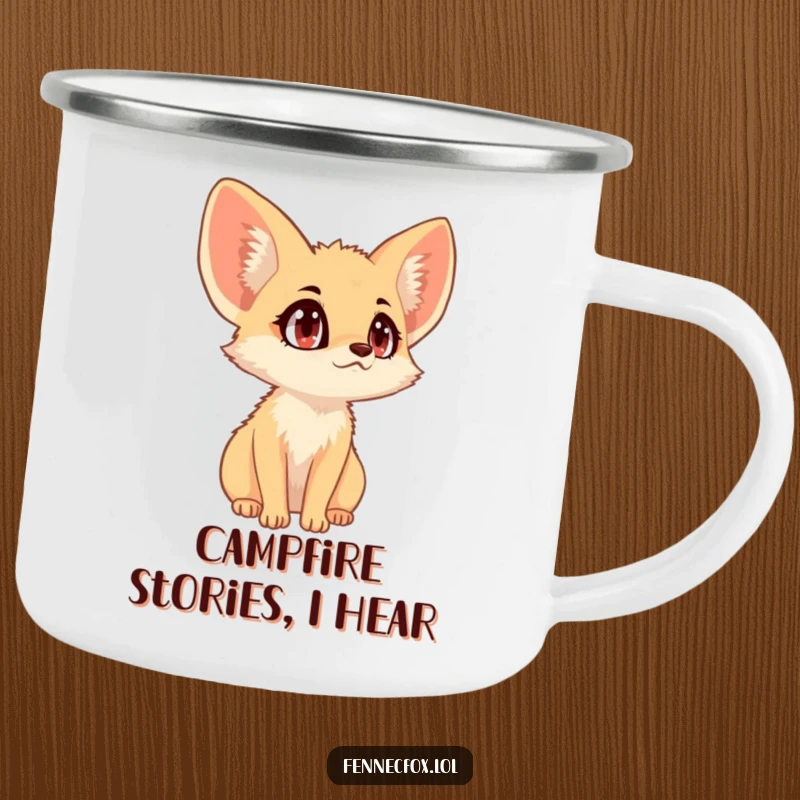 Funny fennec fox with wide eyes, large ears, listening intently, desert camping humor mug.