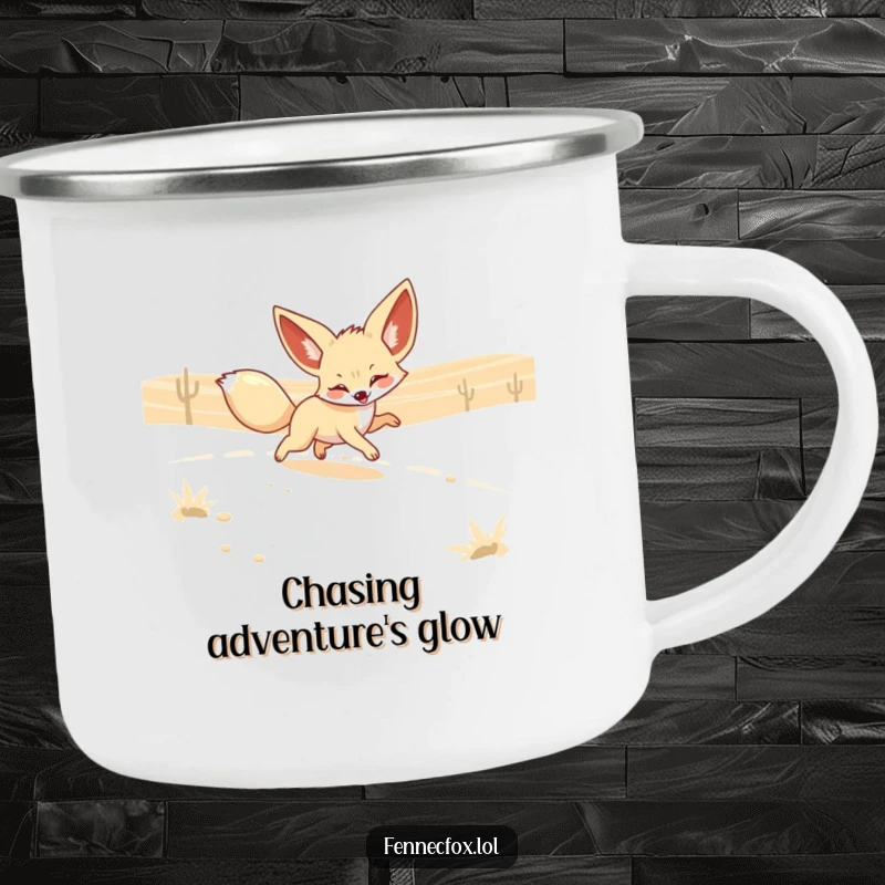 Funny Fennec Fox Camping Mug showing a playful fox with big ears chasing a shimmering desert mirage. Durable and humorous.