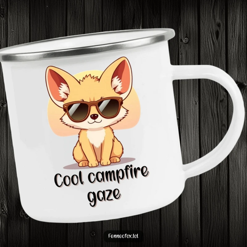 Funny Fennec Fox Camping Mug showing a cool fox with big ears wearing tiny sunglasses, looking at a desert sunset. Durable and stylish.