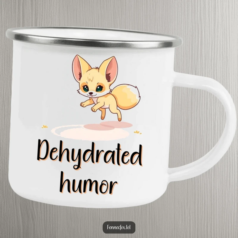 Funny Fennec Fox Camping Mug: A fennec fox humorously leaps for a desert mirage, perfect for funny outdoor adventures.