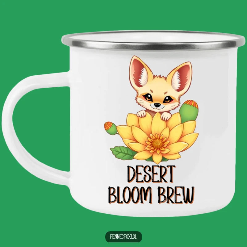Funny Fennec Fox Camping Mug: Cheerful Fox Peeking Over Flower, Outdoor Fun Gift!