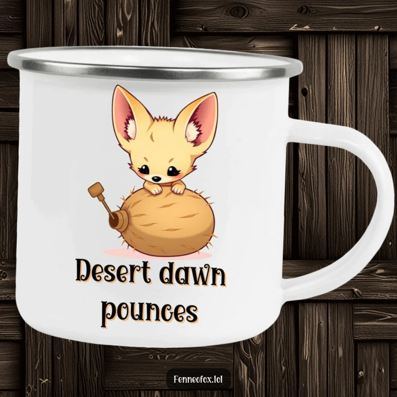 Funny camping mug showing a fennec fox kit with large ears playfully pouncing on a tumbleweed.