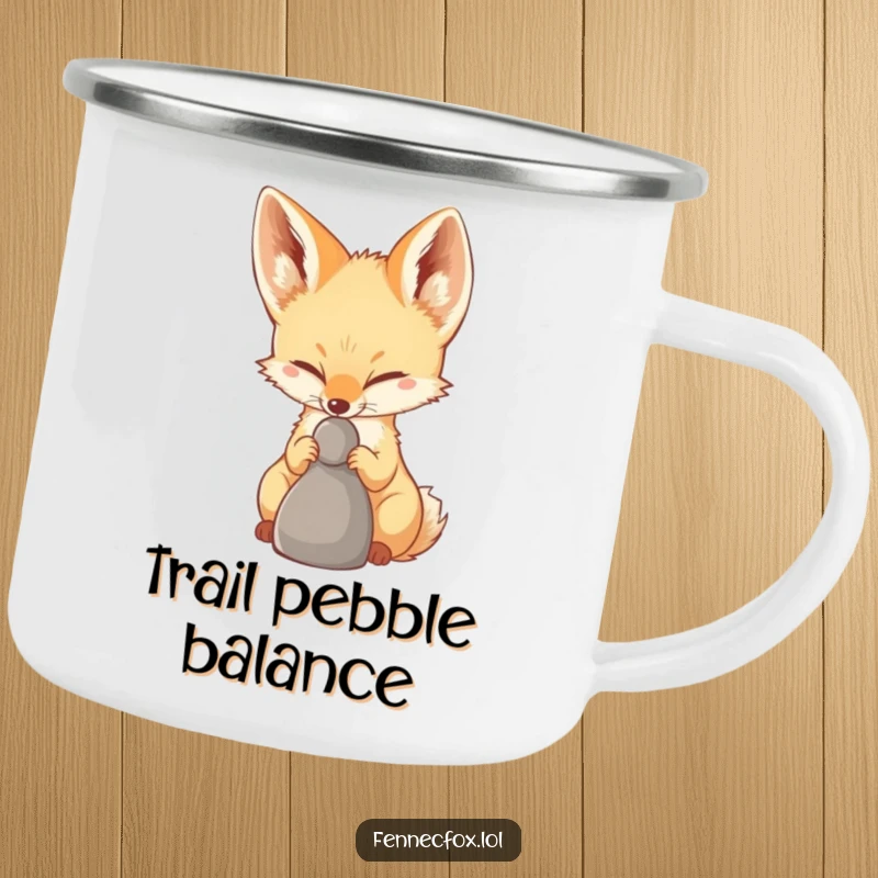 Funny Fennec Fox Camping Mug depicting a fennec fox balancing a pebble on its nose, promoting focus and enjoyment outdoors.