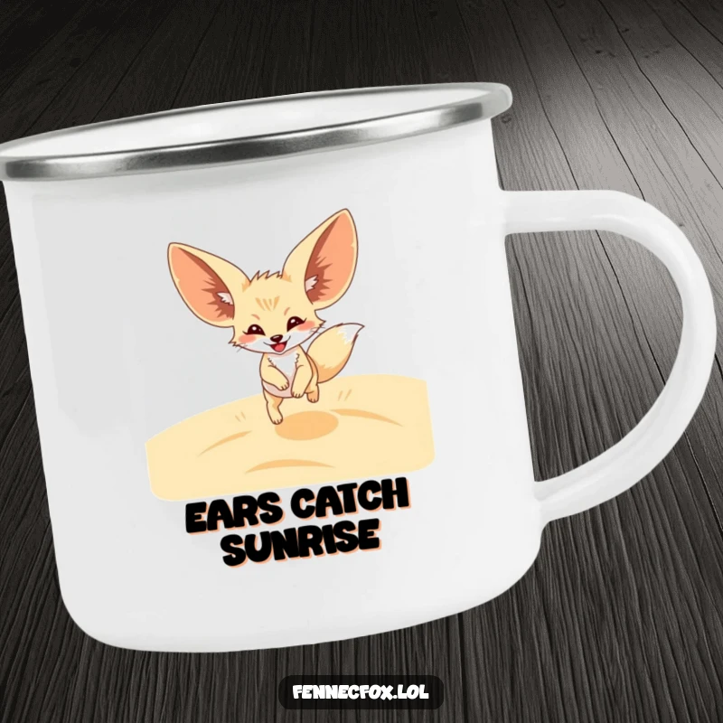 Funny Fennec Fox Camping Mug showing a happy fox with large ears leaping joyfully over sandy desert dunes. Durable and amusing for outdoors.