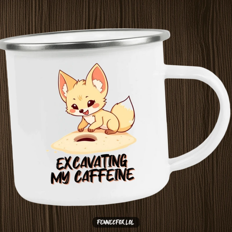 Funny fennec fox camping mug featuring a cartoon desert fox digging enthusiastically in sand, symbolizing outdoor energy and fun.