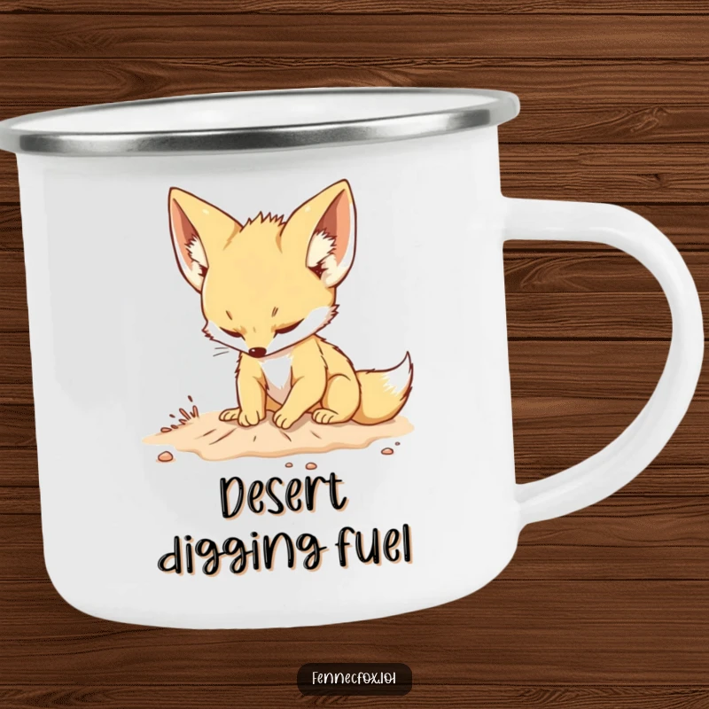 Funny camping mug featuring a fennec fox with large ears playfully digging in the sand with a determined expression, perfect for outdoor use.