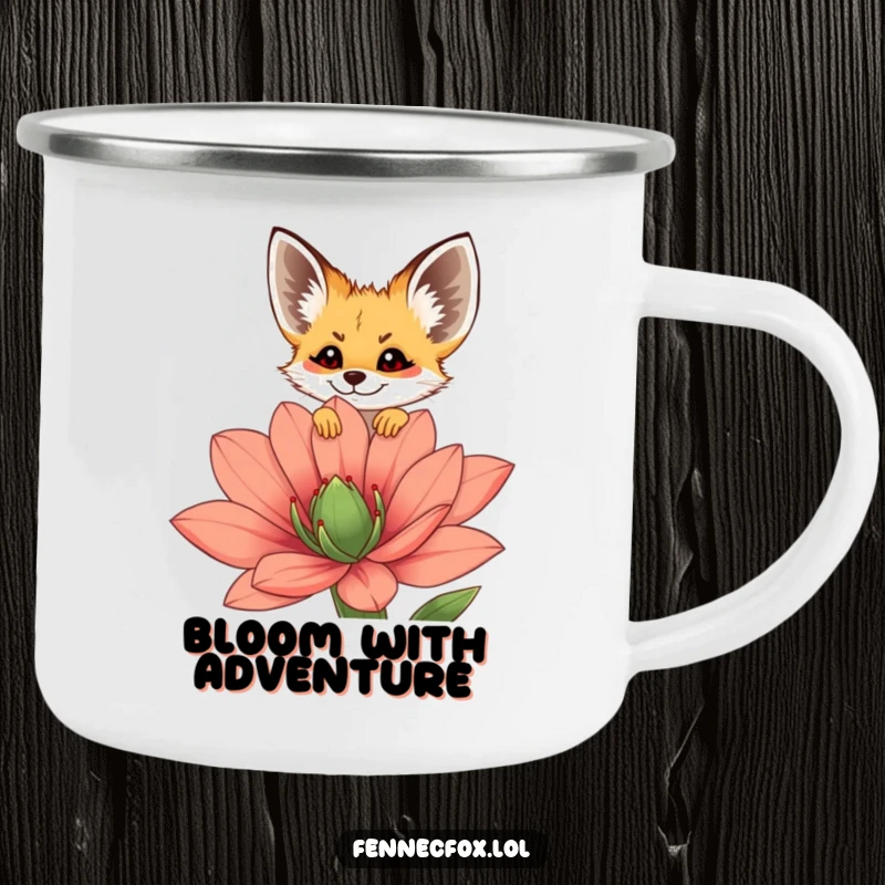 Funny fennec fox camping mug with a cheerful character peeking over a vibrant desert flower, ideal for outdoor enthusiasts.