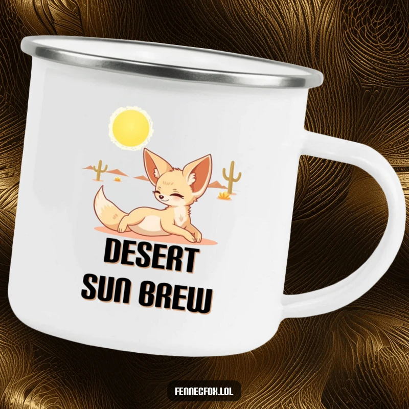 Funny camping mug with a fennec fox stretching luxuriously under the desert sun, perfect for outdoor relaxation.