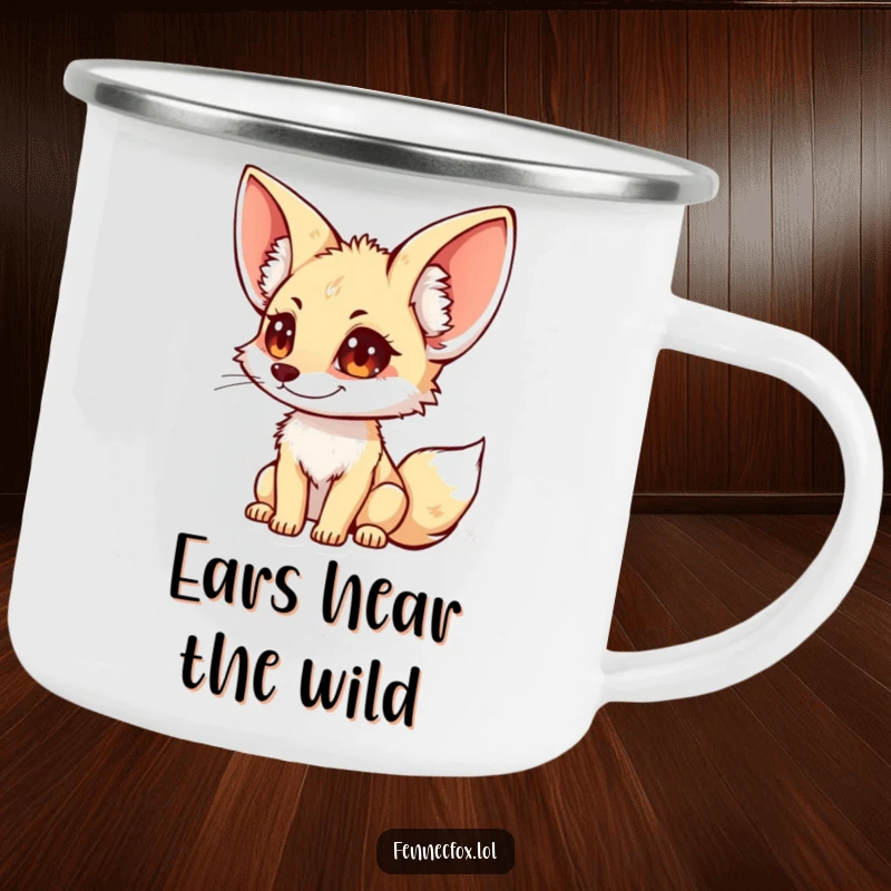 Funny fennec fox camping mug showing a character with big ears, ideal for outdoor listening and enjoying beverages.